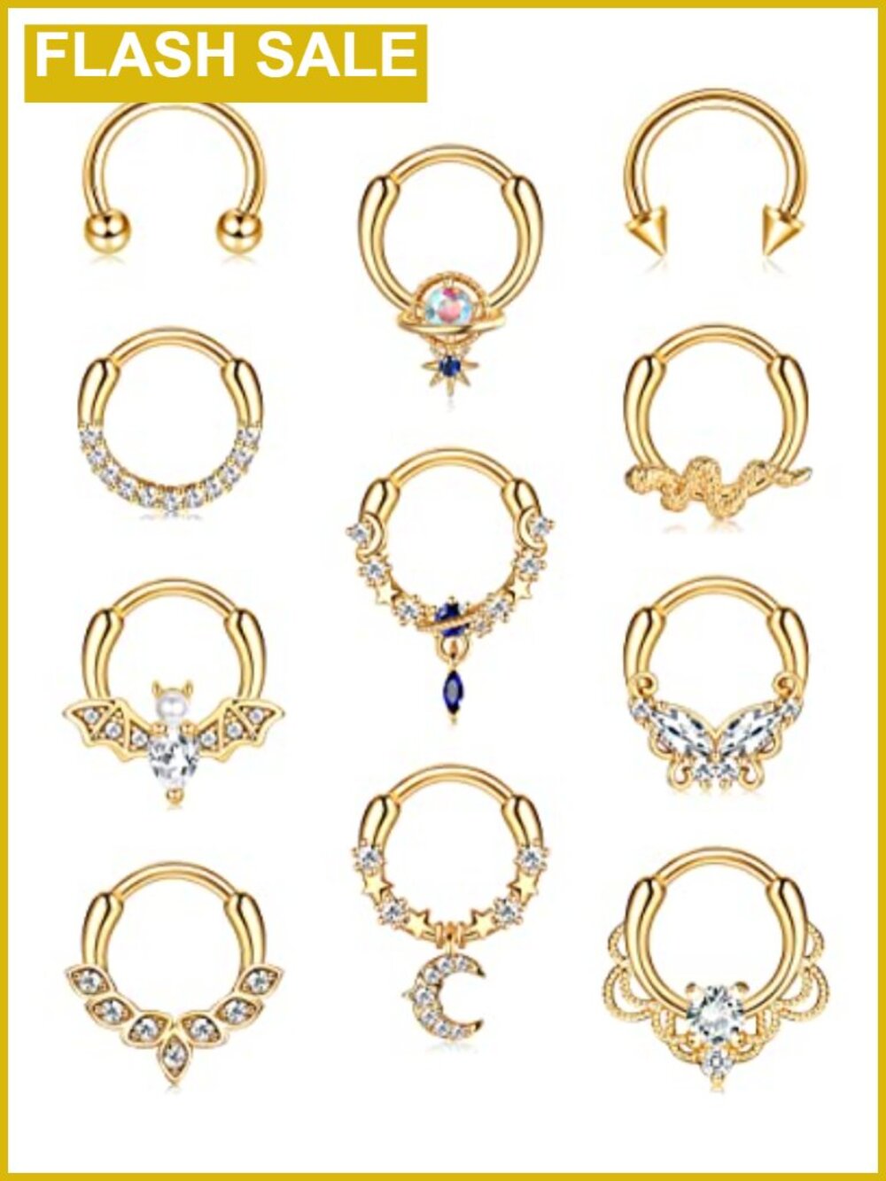 16G Septum Ring Set - 11pcs Clicker Hoop Nose Rings - 316L Stainless Steel